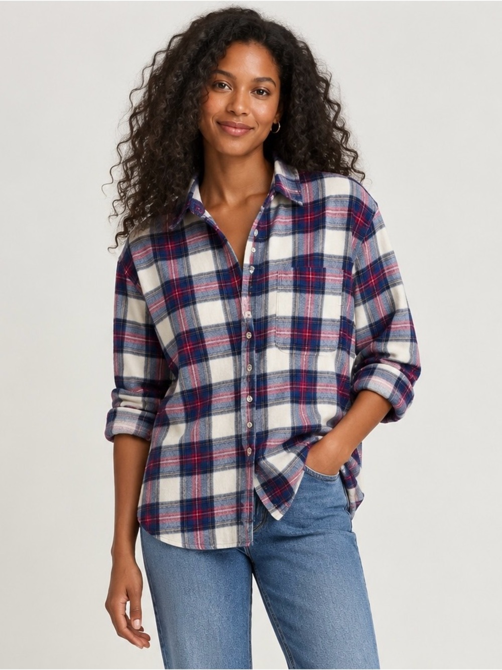 (3 for $30) Boyfriend Fit Button Down Plaid Shirt